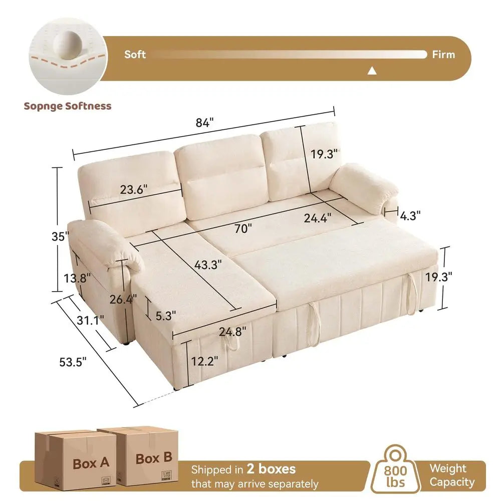 86IN Sectional Sleeper Sofa, Storage Chaise, Chenille Couch USB Ports