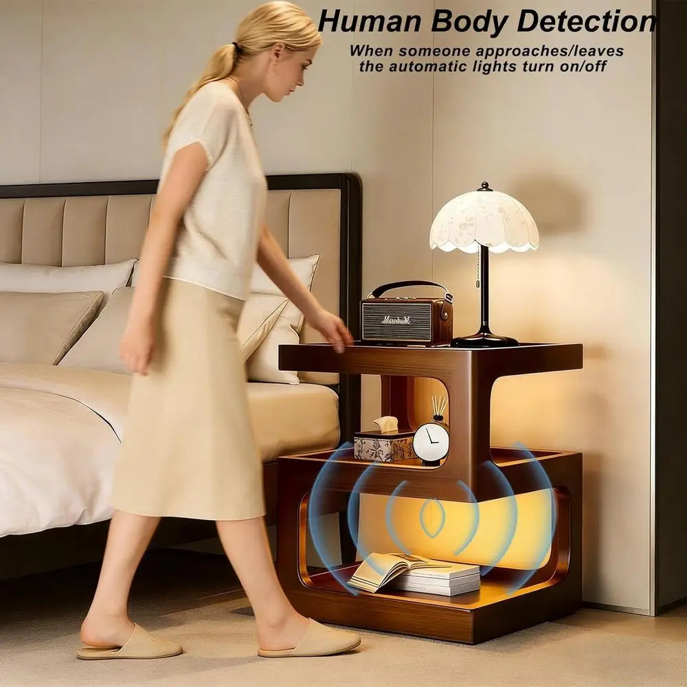 Walnut 3-Open Tier, Tempered Glass Top Nightstand, LED Light.