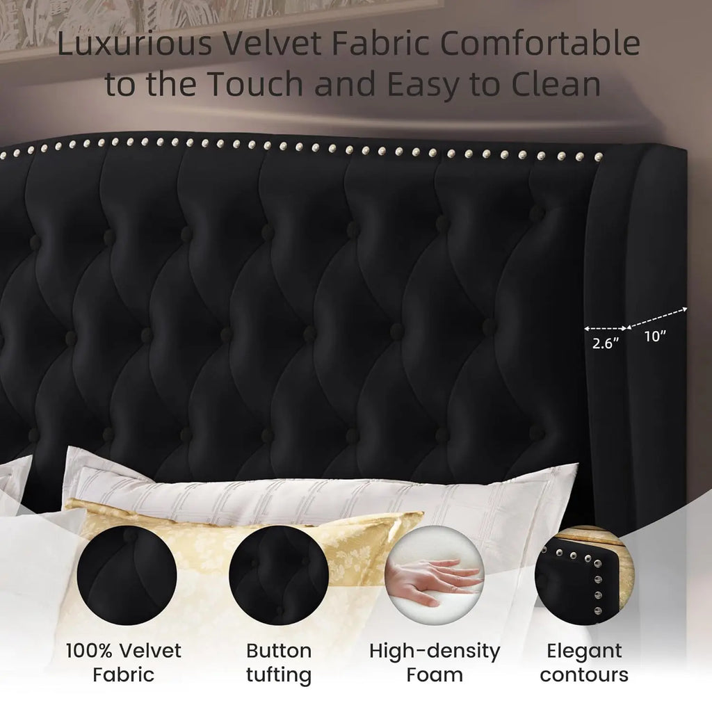 King Black Velvet Upholstered Platform Wingback Headboard Footboard Tufted Slats No Box Spring