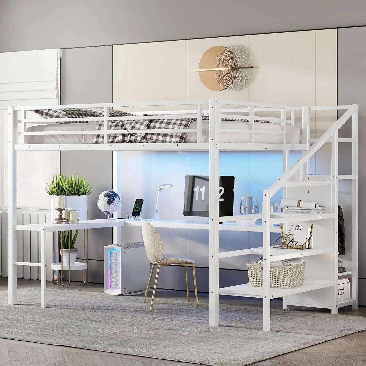 Metal Queen Size Heavy Duty Loft Bed, Stairs, Wardrobe, LED, Charging Station
