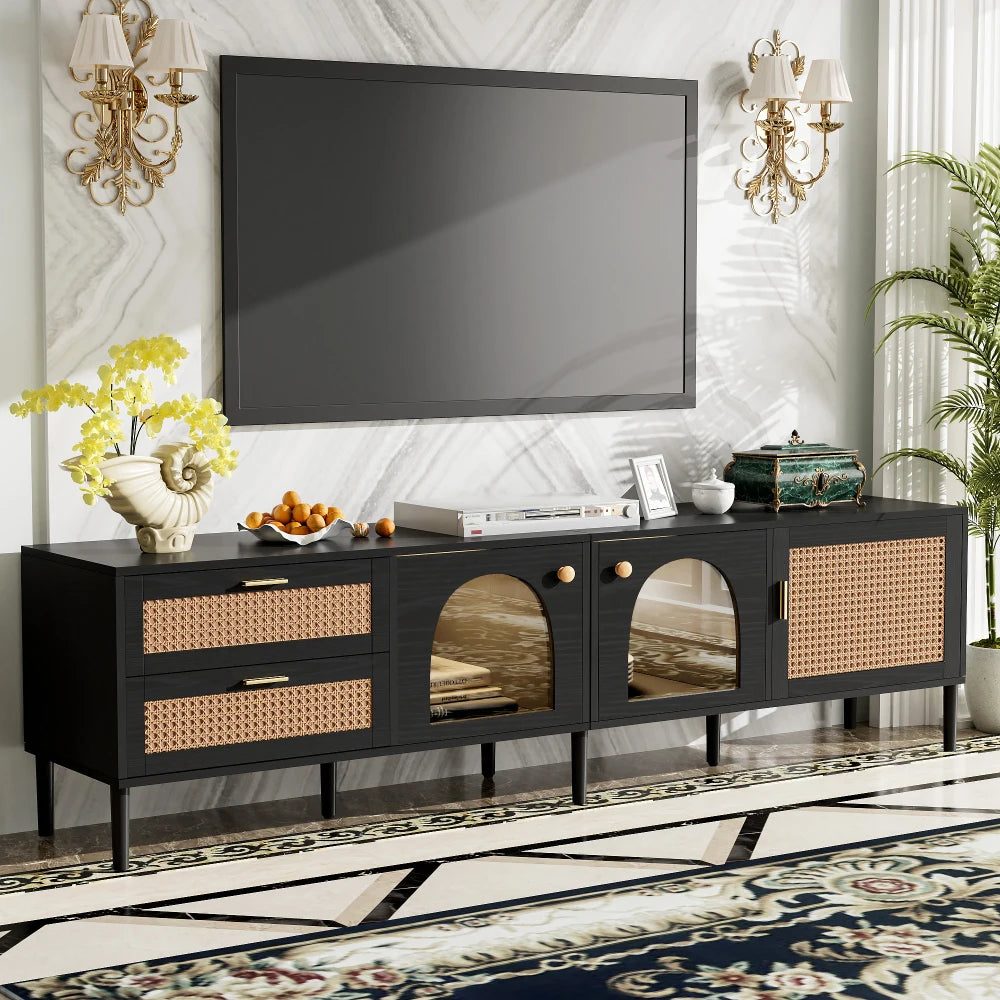 Rattan-inspired Media Console, 3 Cabinets, 2 Drawers for TVs up to 80'' LED Light