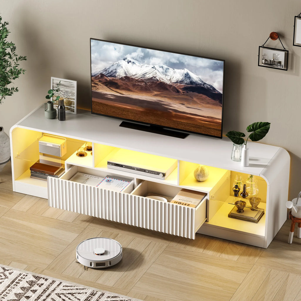 For 60/65/70-Inch TVs, Modern Curved TV Console LED Lights, 2 Drawers & Glass Shelves