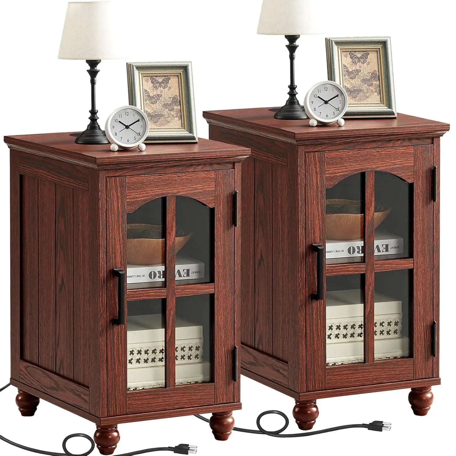 Narrow End Table Set of 2 Charging Station Glass Door