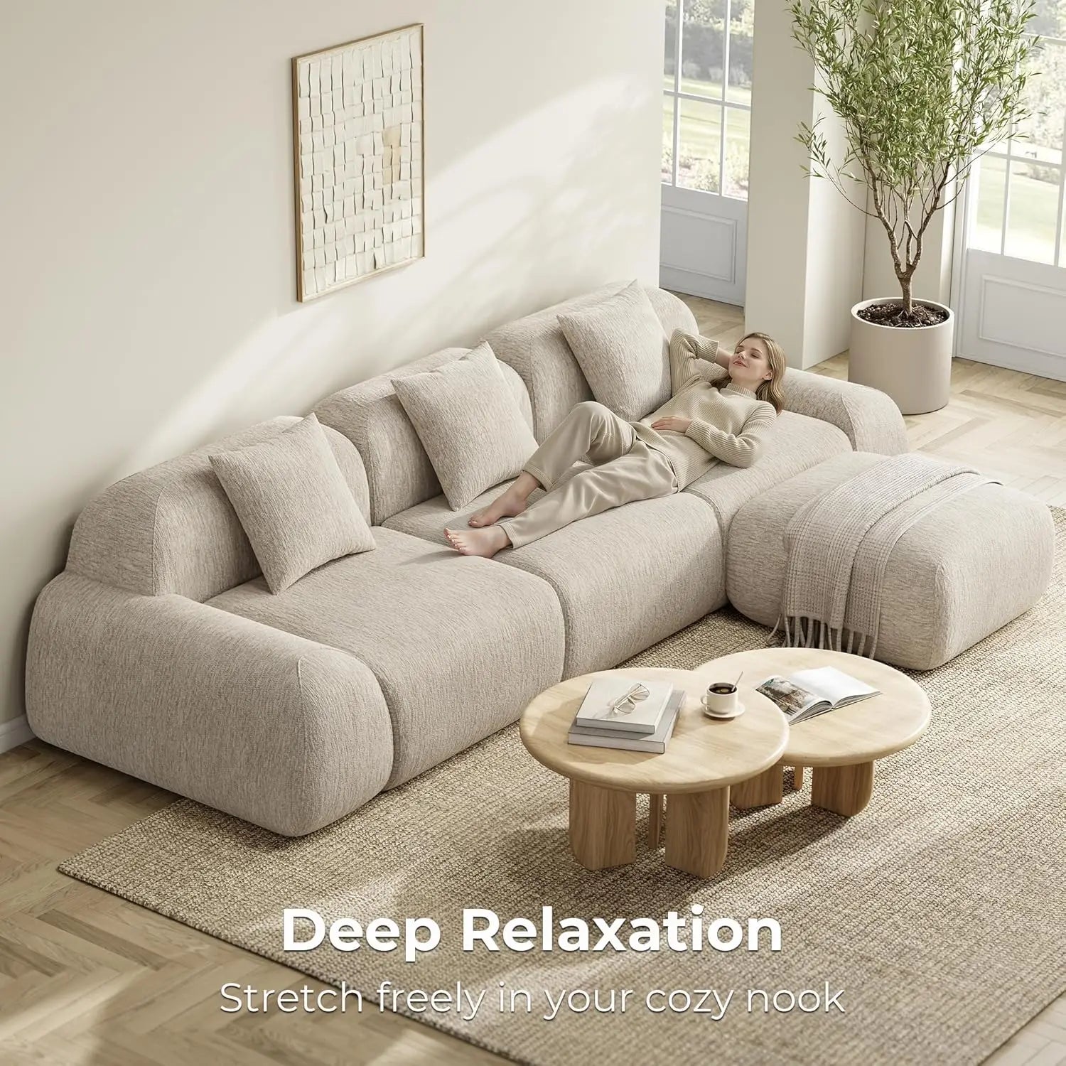 Modular Sectional Sofa Ottoman 110IN L-Shape Chenille Upholstery Deep Seat