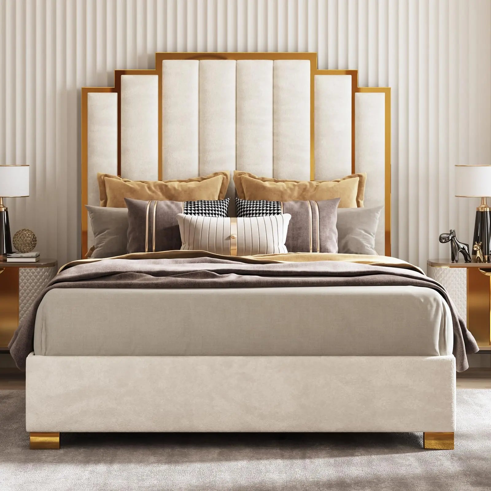 Velvet Bed Frame w/65.4” Tall Gold Trim Headboard, No Box Spring Needed