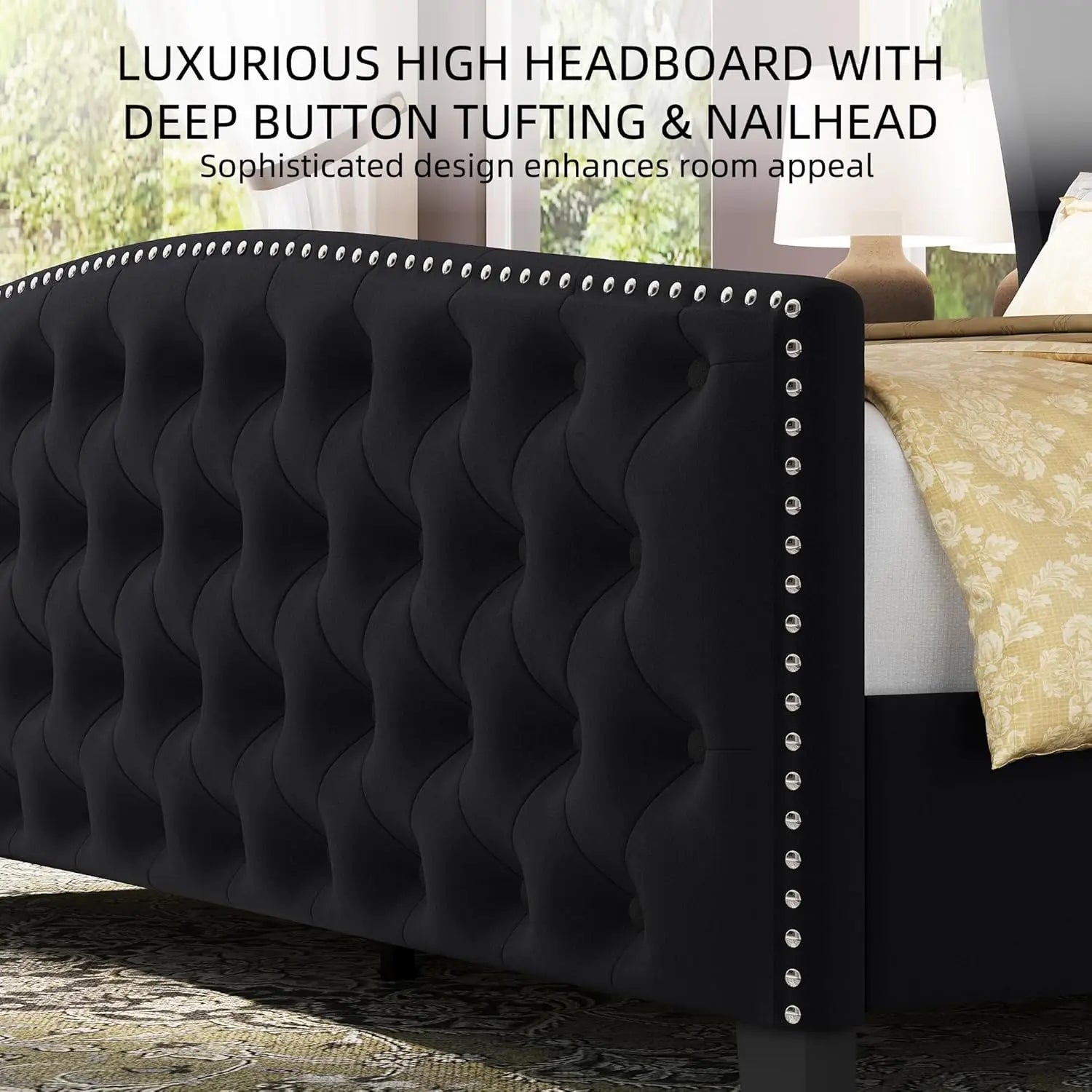 King Black Velvet Upholstered Platform Wingback Headboard Footboard Tufted Slats No Box Spring