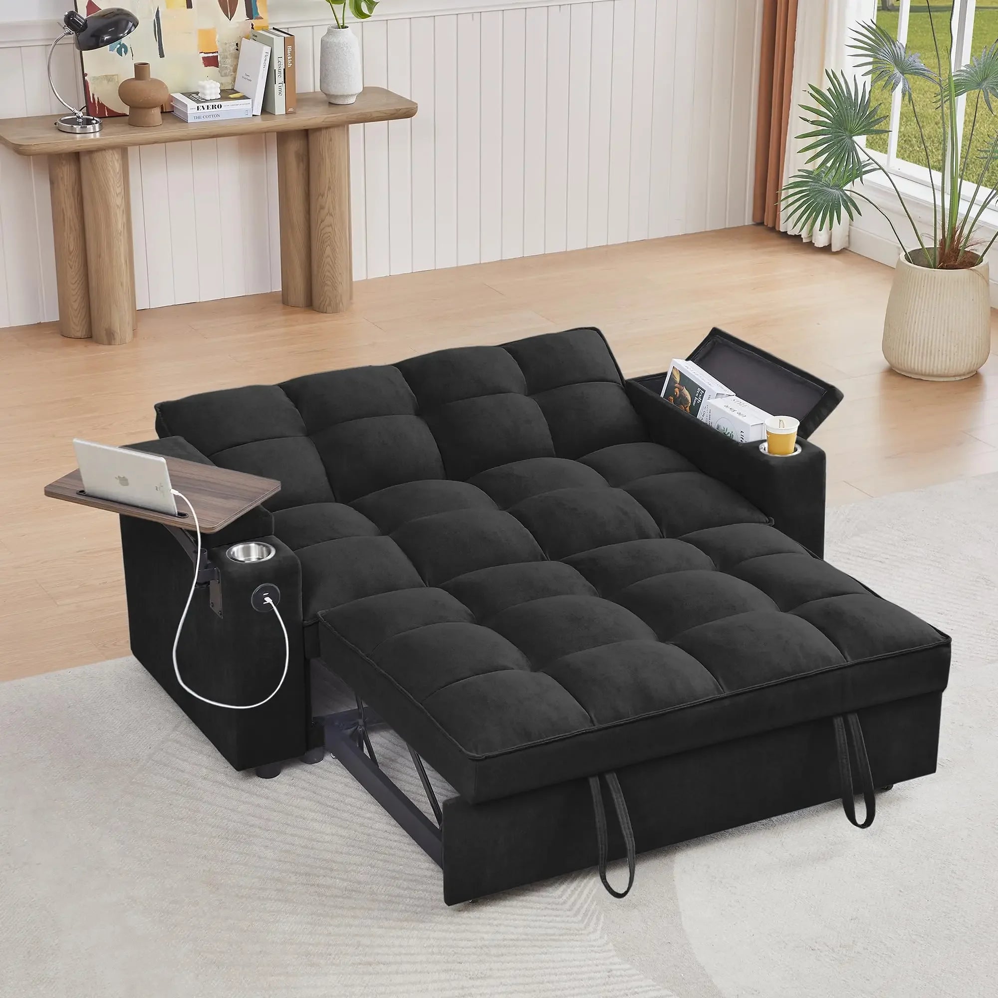 65'' 3-in-1 Folding, Pullout, Convertible Sofa Bed, 360° Swivel Side Table