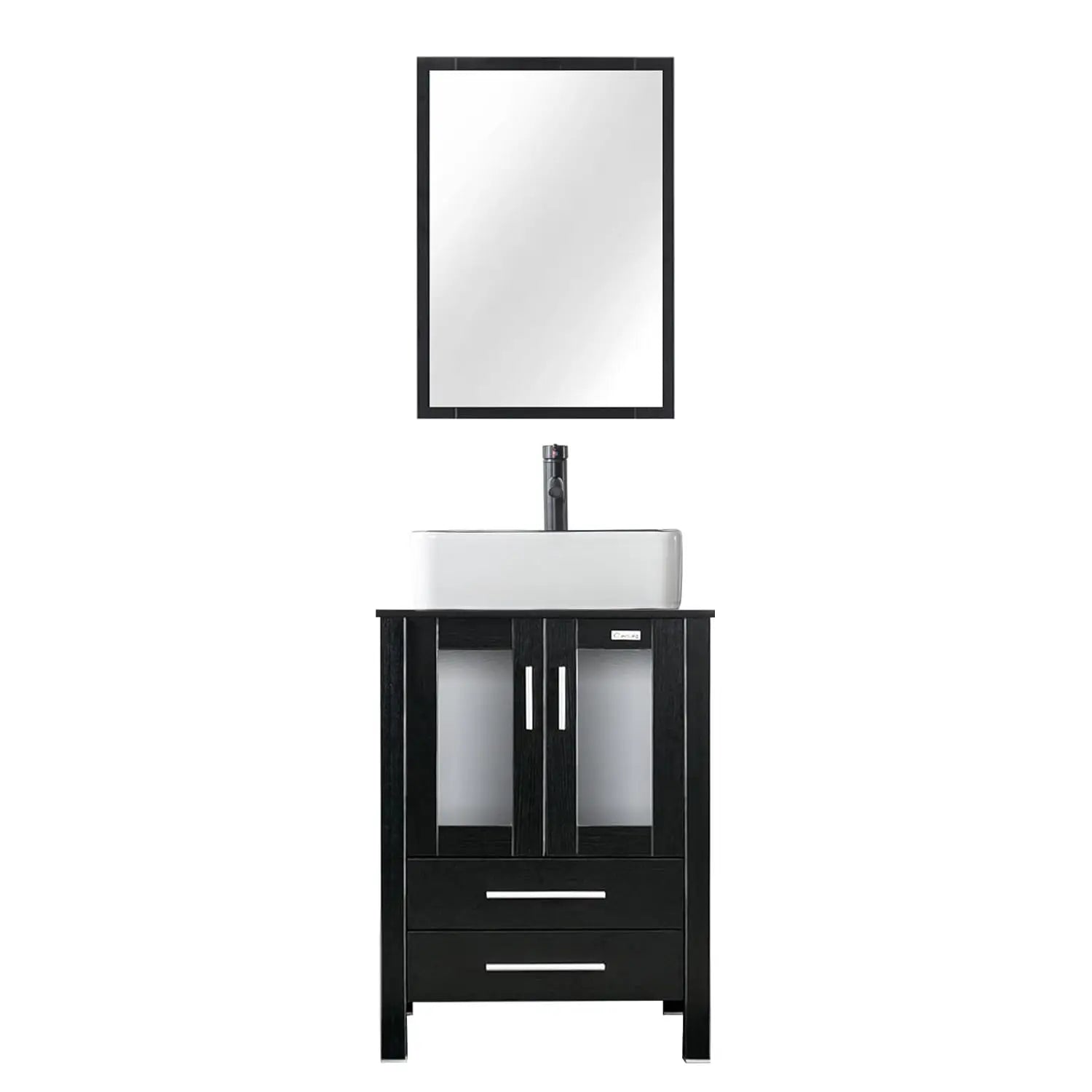24" Vanity Blue Glass Vessel 2 Drawers Cabinet Soft Closing