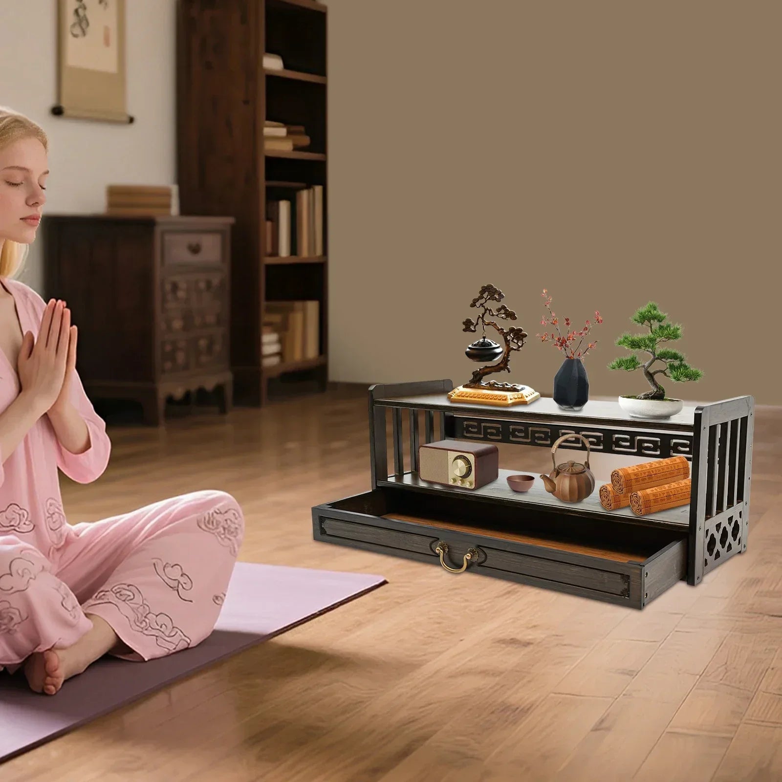 Meditation Altar Table Drawer Organizer, 69x25x28cm Walnut, Max Load 25kg