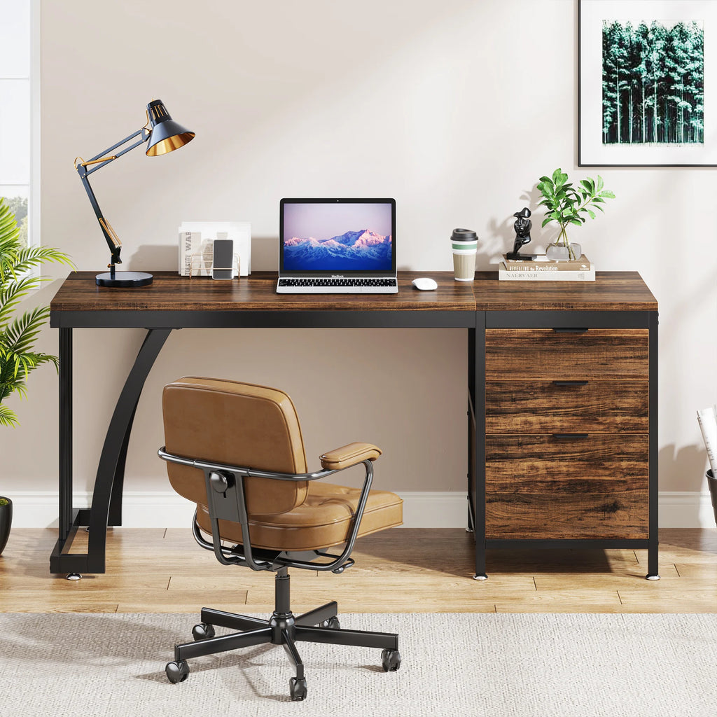 59IN Computer Desk w/3 Drawers, Reversible Drawers Adjustable Foot Pads