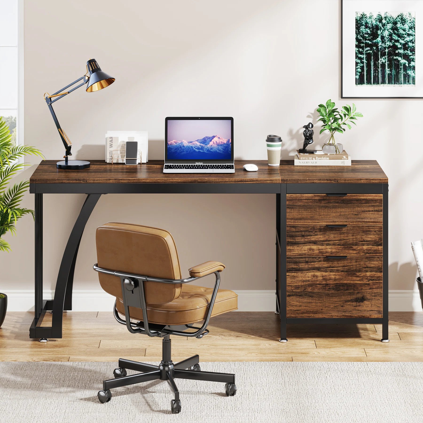 59IN Computer Desk w/3 Drawers, Reversible Drawers Adjustable Foot Pads