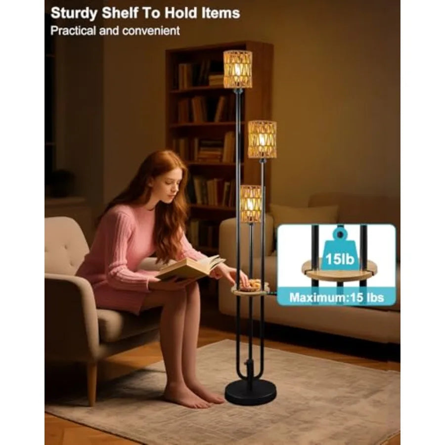 Dimmable Boho Floor Lamps, 3-Lights Rattan Floor Lamp w/Shelves, Black Stand