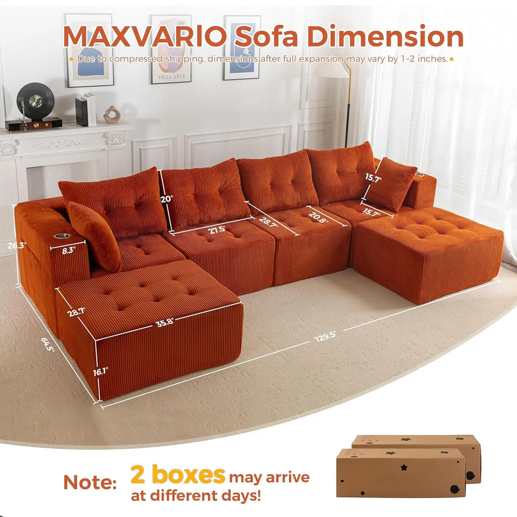 129.5" U Shaped Sectional, 2 Ottomans, Tufted Cloud 6 Seat Sleeper