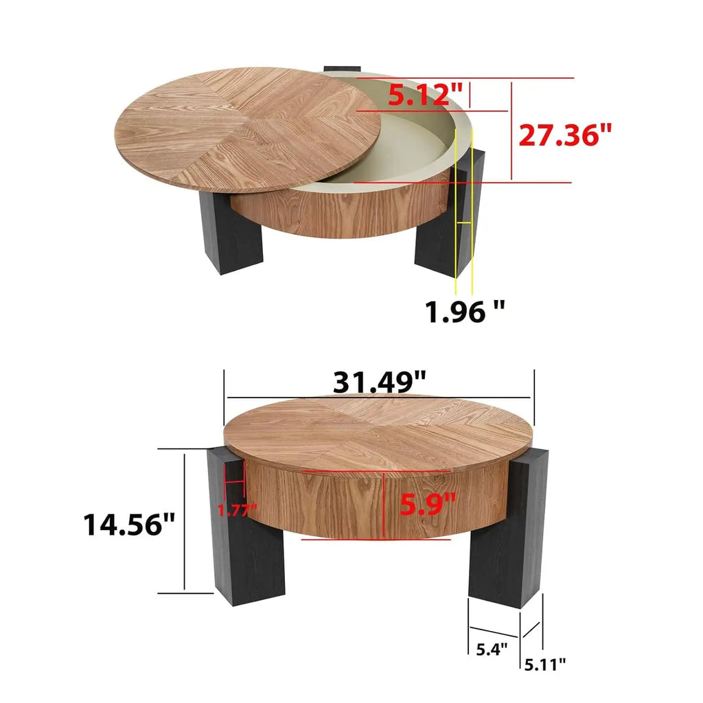 Modern Wabi-Sabi Style Circle Coffee Table Hidden Storage  Wood Center