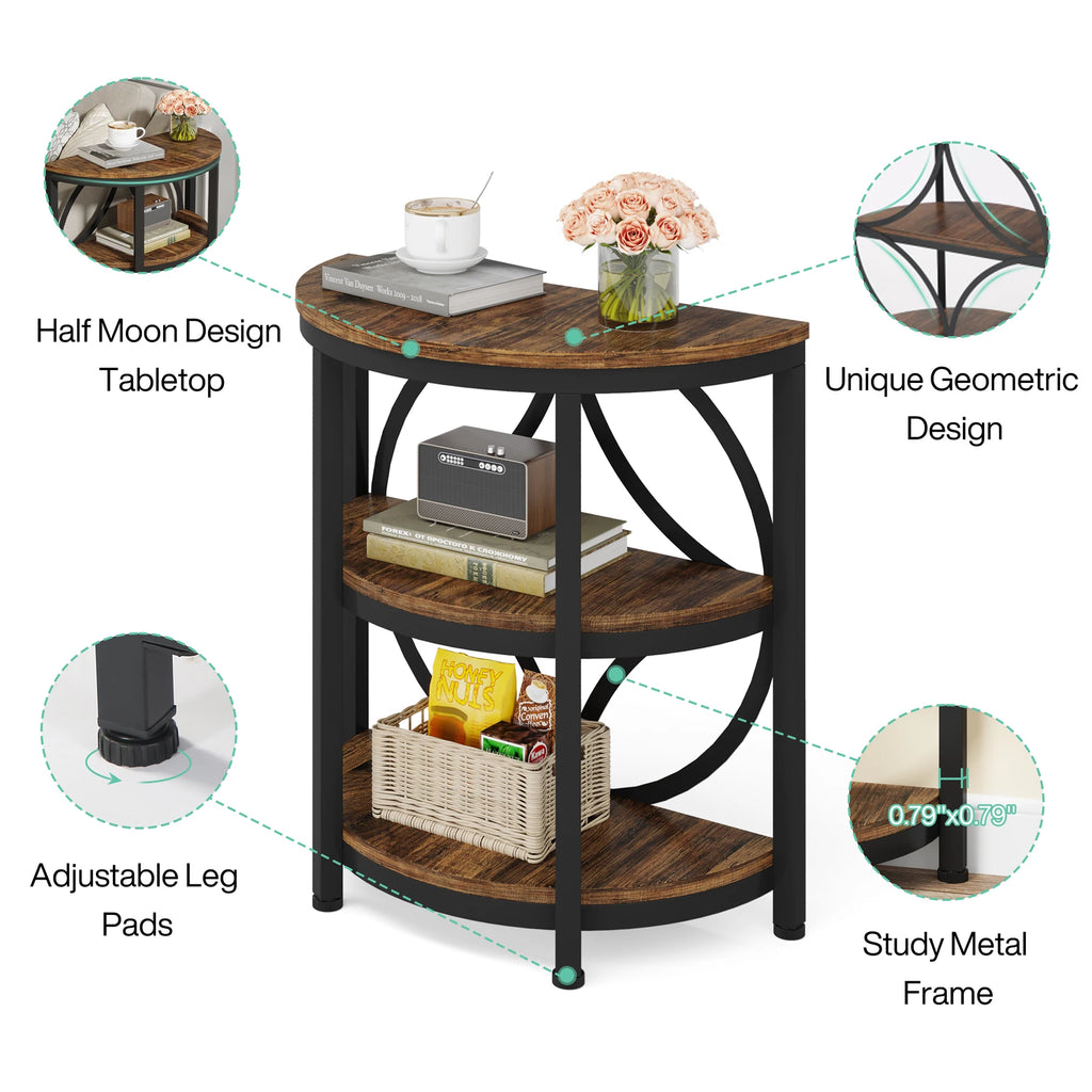 3-Tier Half Side Industrial Table, Metal Frame, Storage