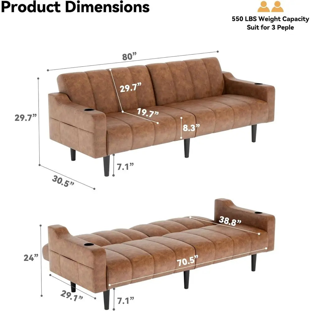 80IN Adjustable Leather Sleeper Sofa Bed, Chocolate Brown