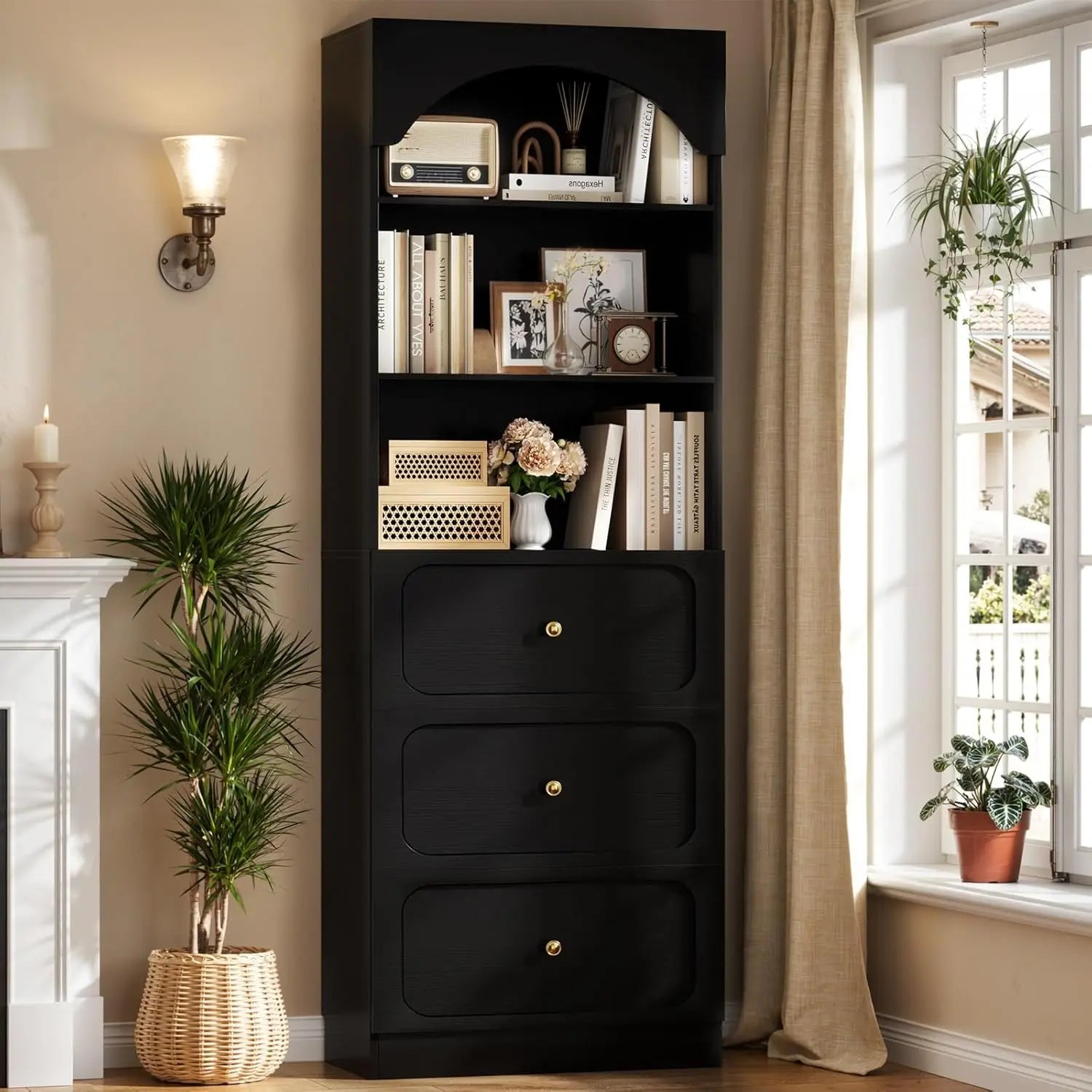 80" Wooden Arched Bookcase 3 Drawers 3-Tier Open Shelves