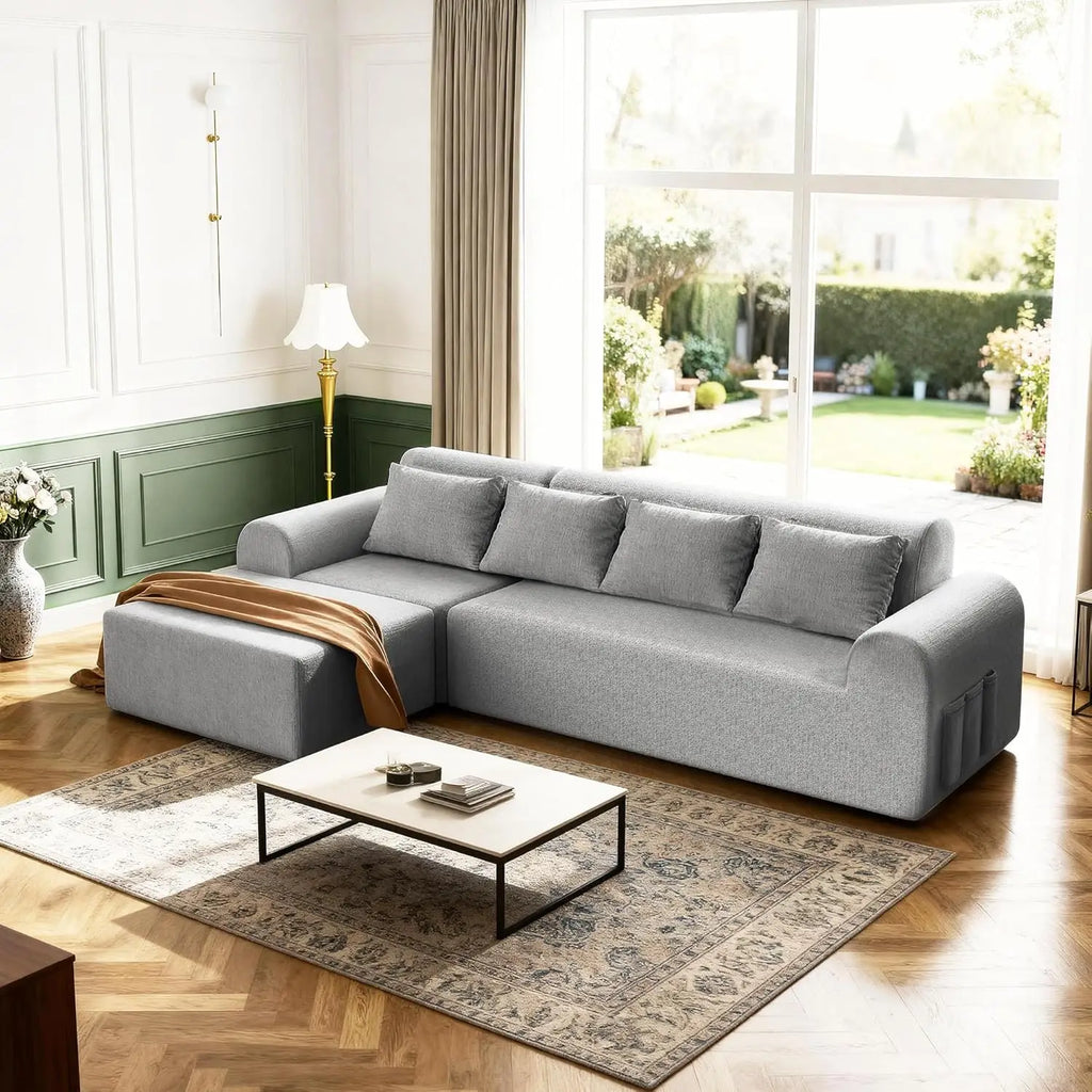 Cloud Boneless Sectional L-Shape 4-Seat Couch Ottoman 4 Pillows