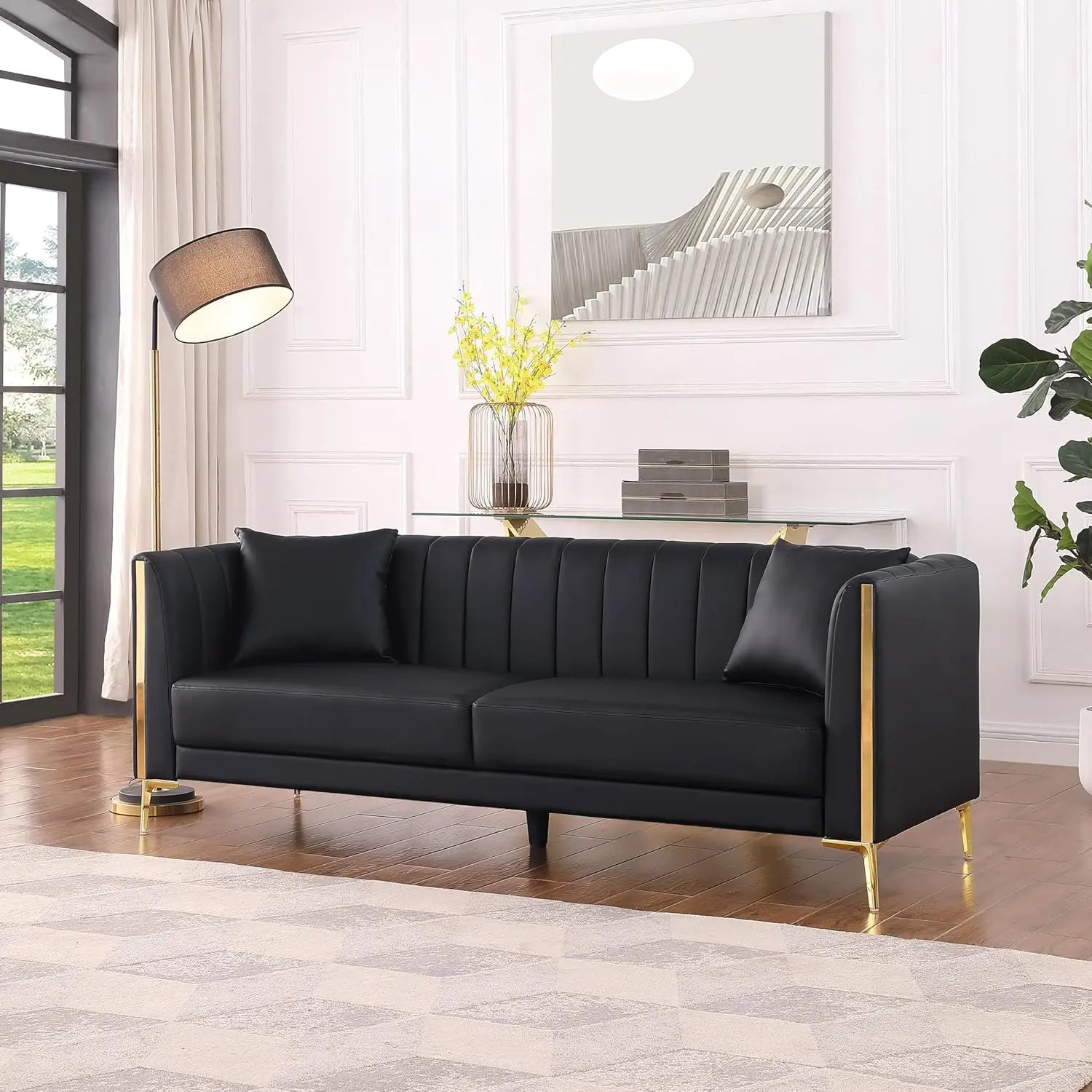 78'' Faux Leather 3-Seater Sofa, 2 Throw Pillows, Gold Meta