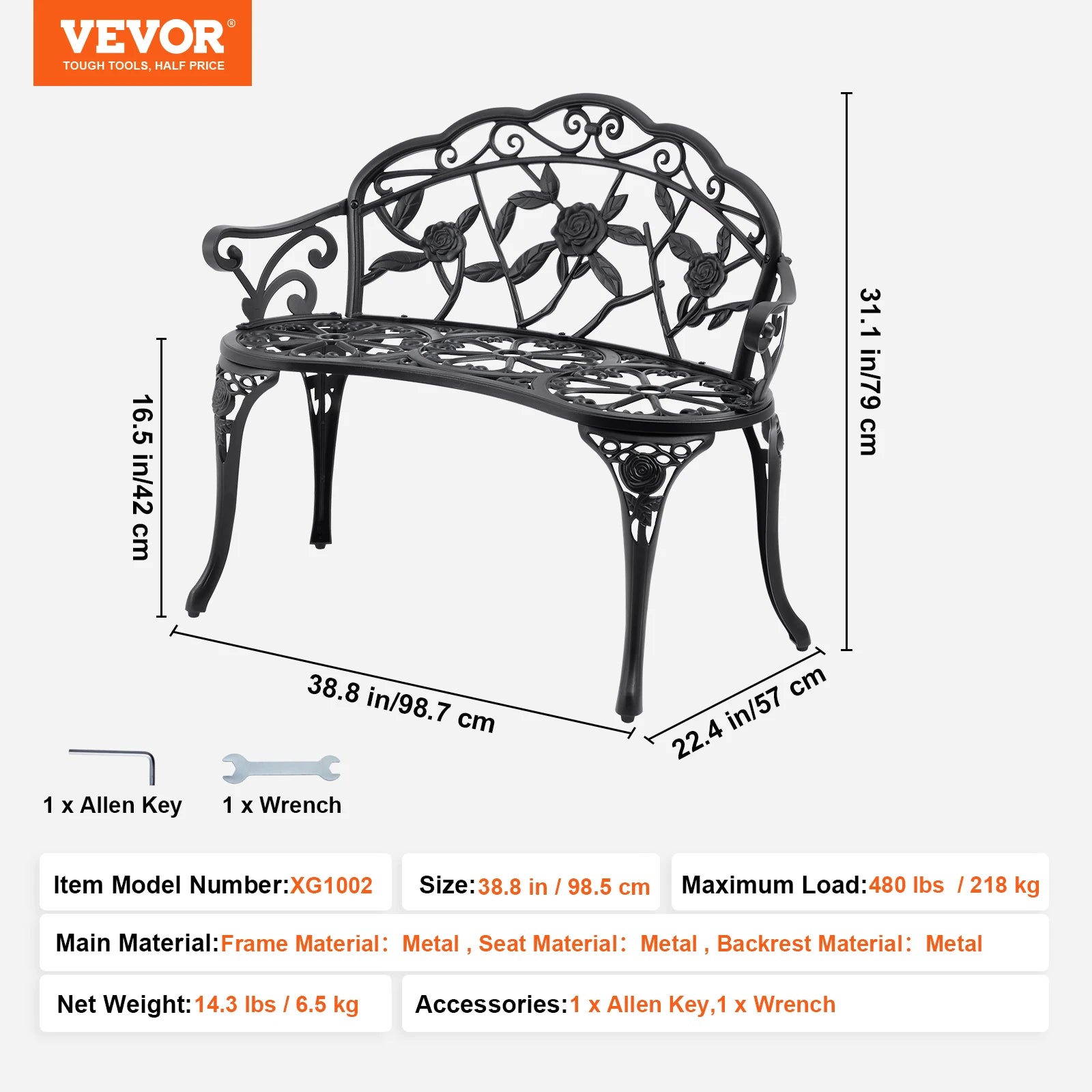 Outdoor Metal Garden Bench 480 lbs Load
