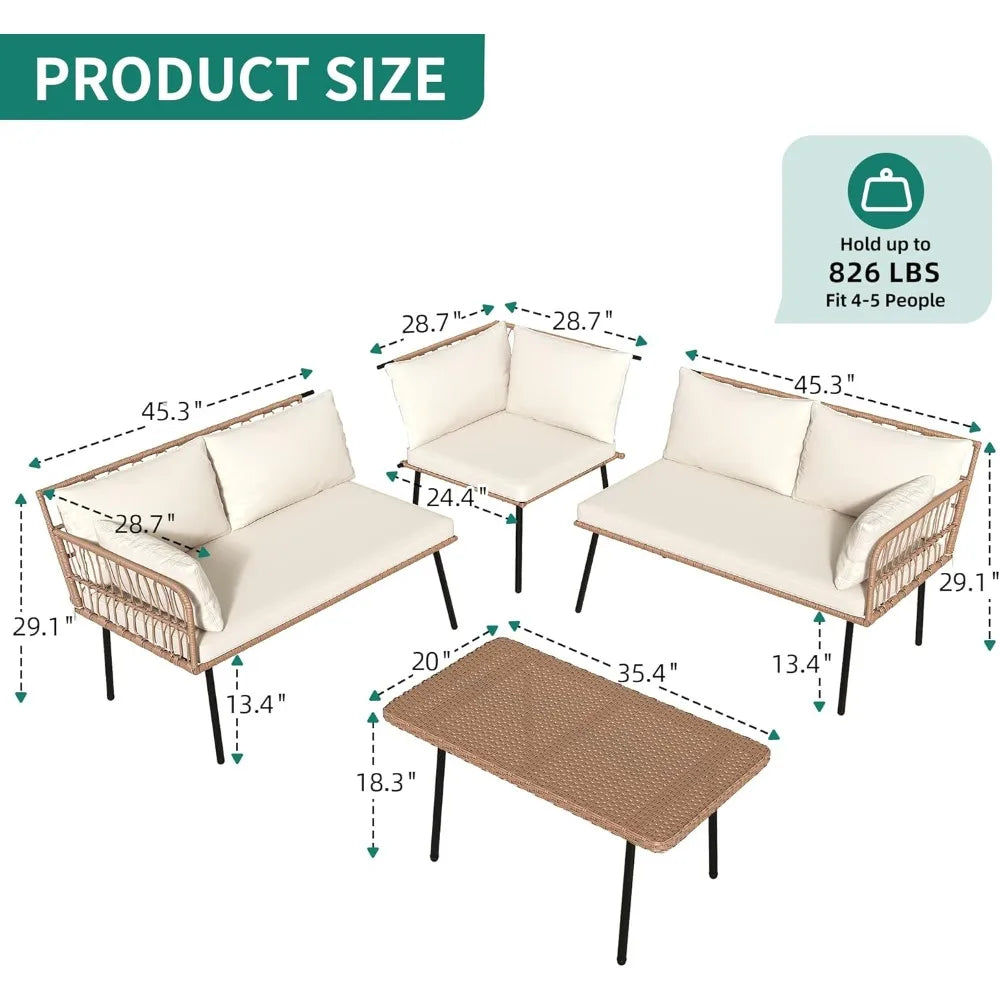 4-Piece Wicker Sectional, All Weather, Cushions, Side Table