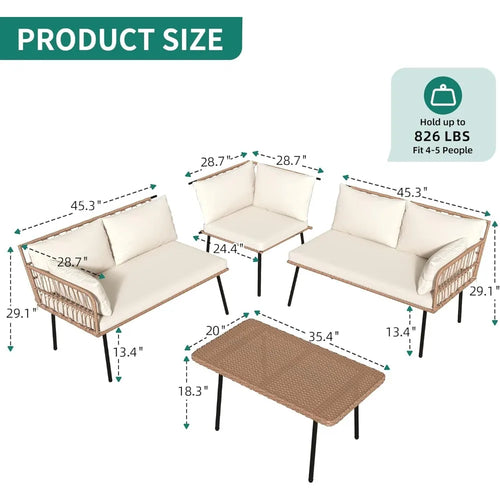 4-Piece Wicker Sectional, All Weather, Cushions, Side Table