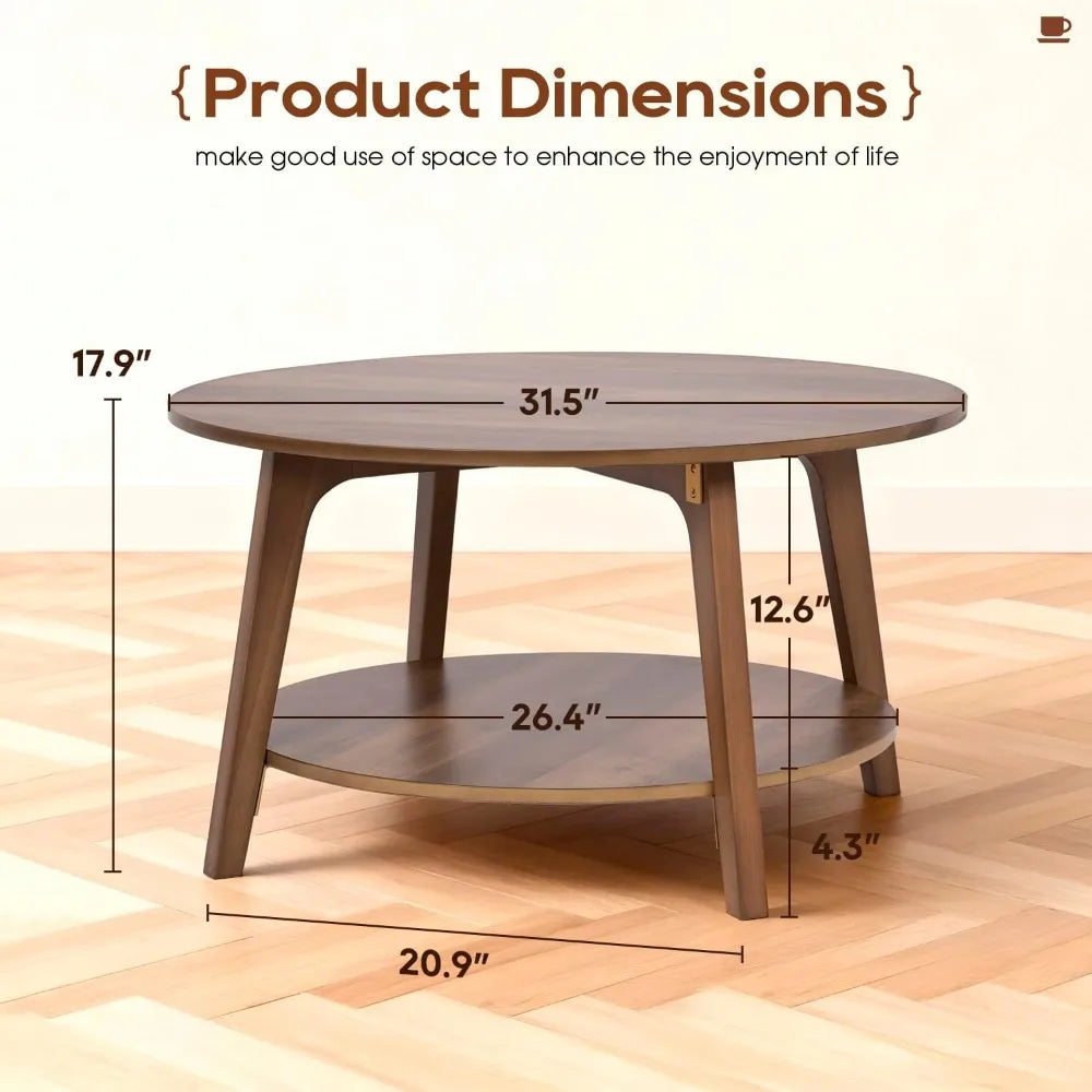 2-Tier Round Coffee Table, Storage, Sturdy MDF, Tapered Legs, Easy Assembly
