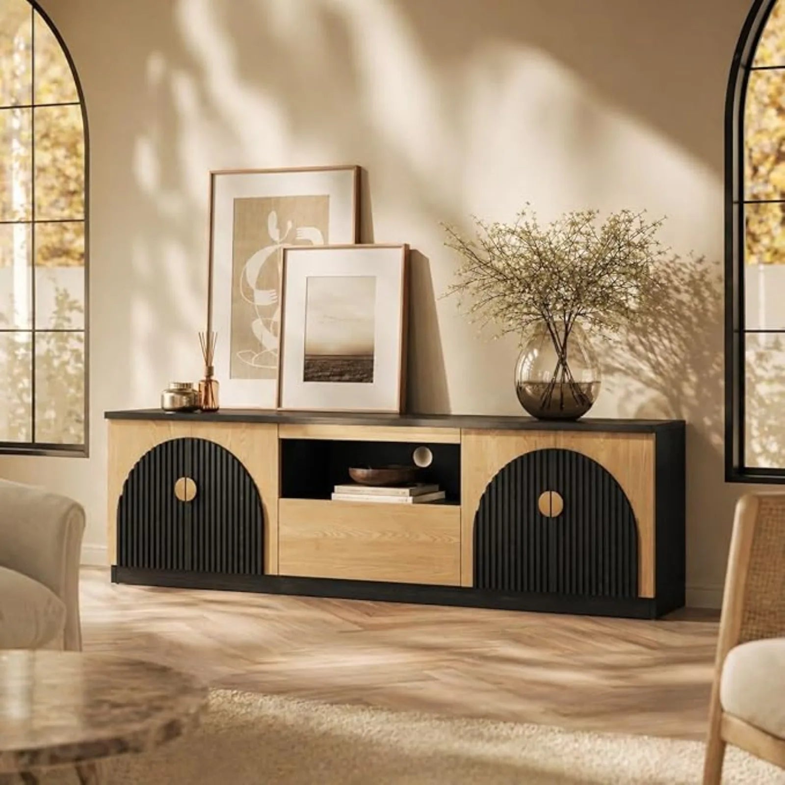 70IN Fluted TV Stand, Curved Profile, 2-Drawers, Storage Cabinets