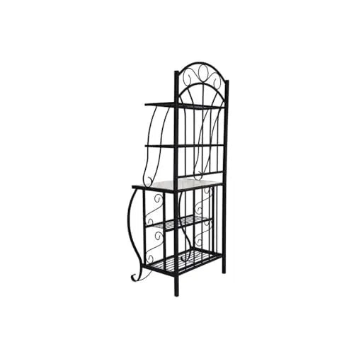 Elegant Black Metal Baker’s Rack Faux Marble Top, Five-Tier Storage