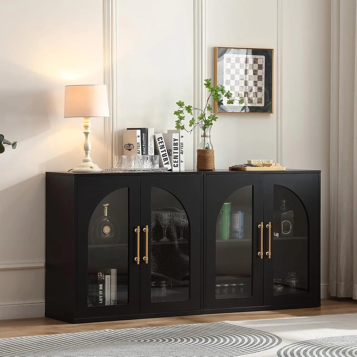 63" Set of 2 Small Buffet Cabinets Arched Glass Doors
