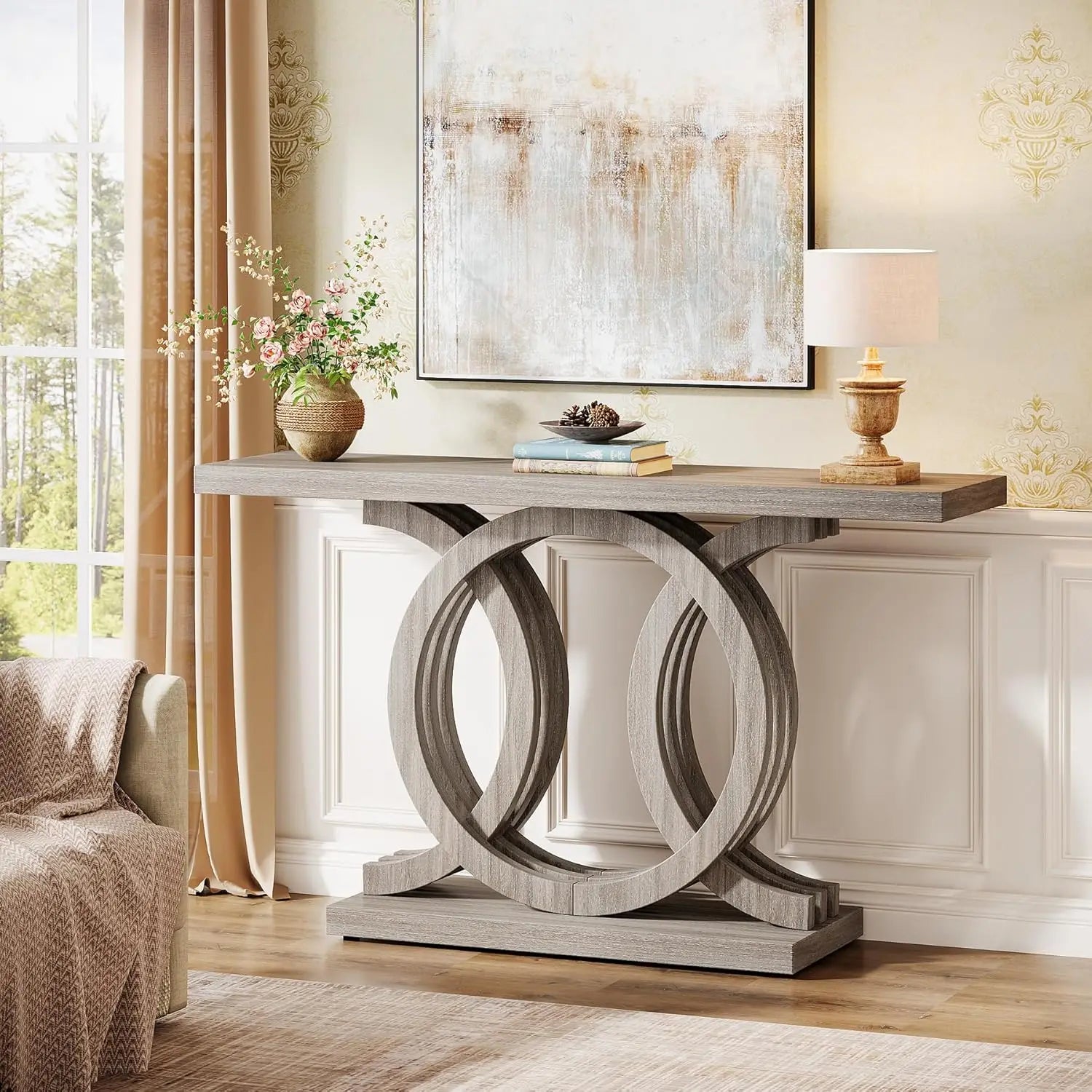 55IN Console Table with Geometric Wood Base, Thick Tabletop (Gray)