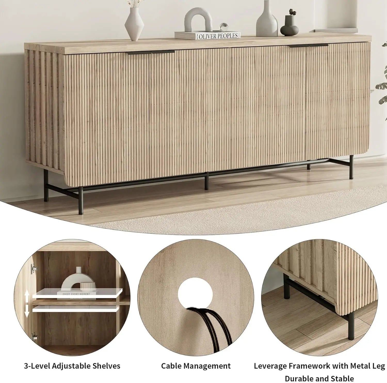 68in Mid-Century Fluted Entertainment Center for 55-75in TV, Storage Cabinet