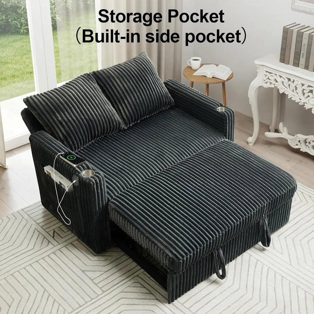 3-in-1 Sleeper Sofa Bed, 53'' Corduroy Loveseat Adjustment Backrest
