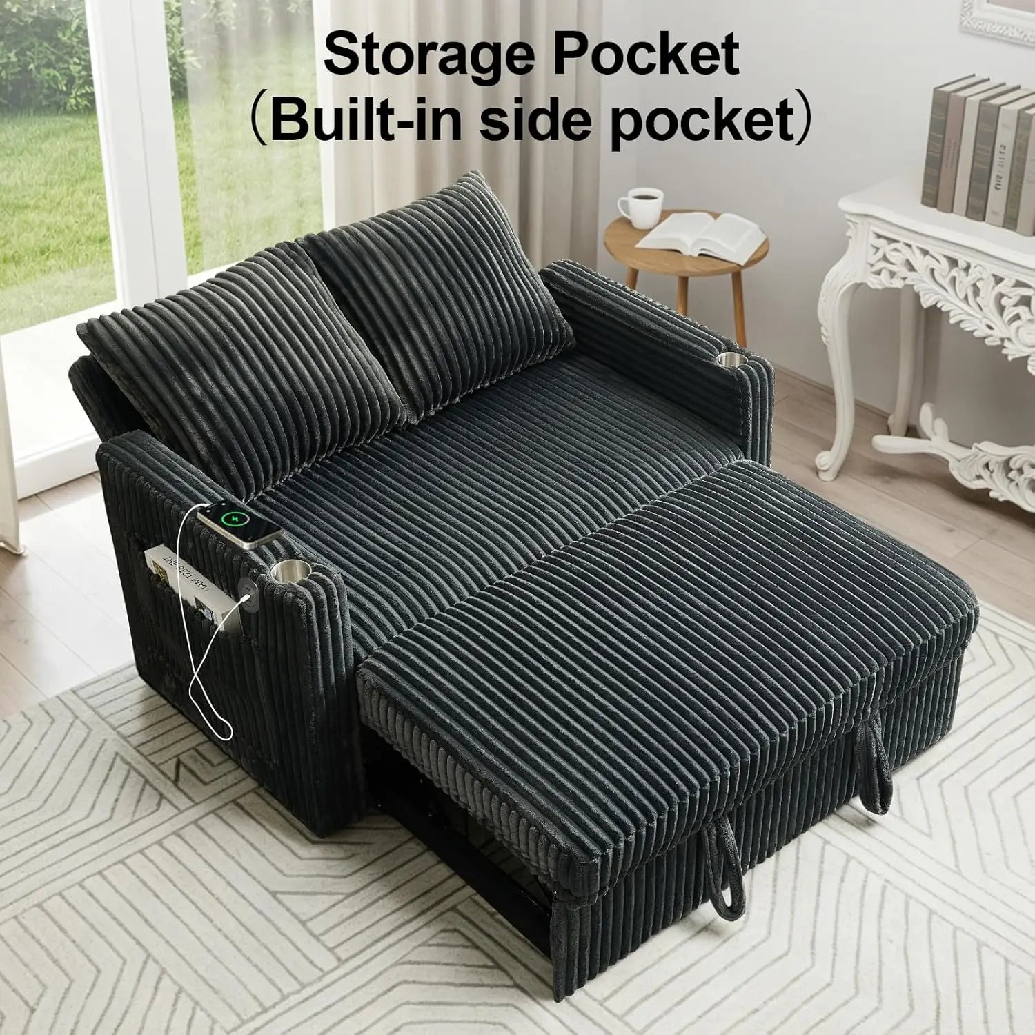 3-in-1 Sleeper Sofa Bed, 53'' Corduroy Loveseat Adjustment Backrest