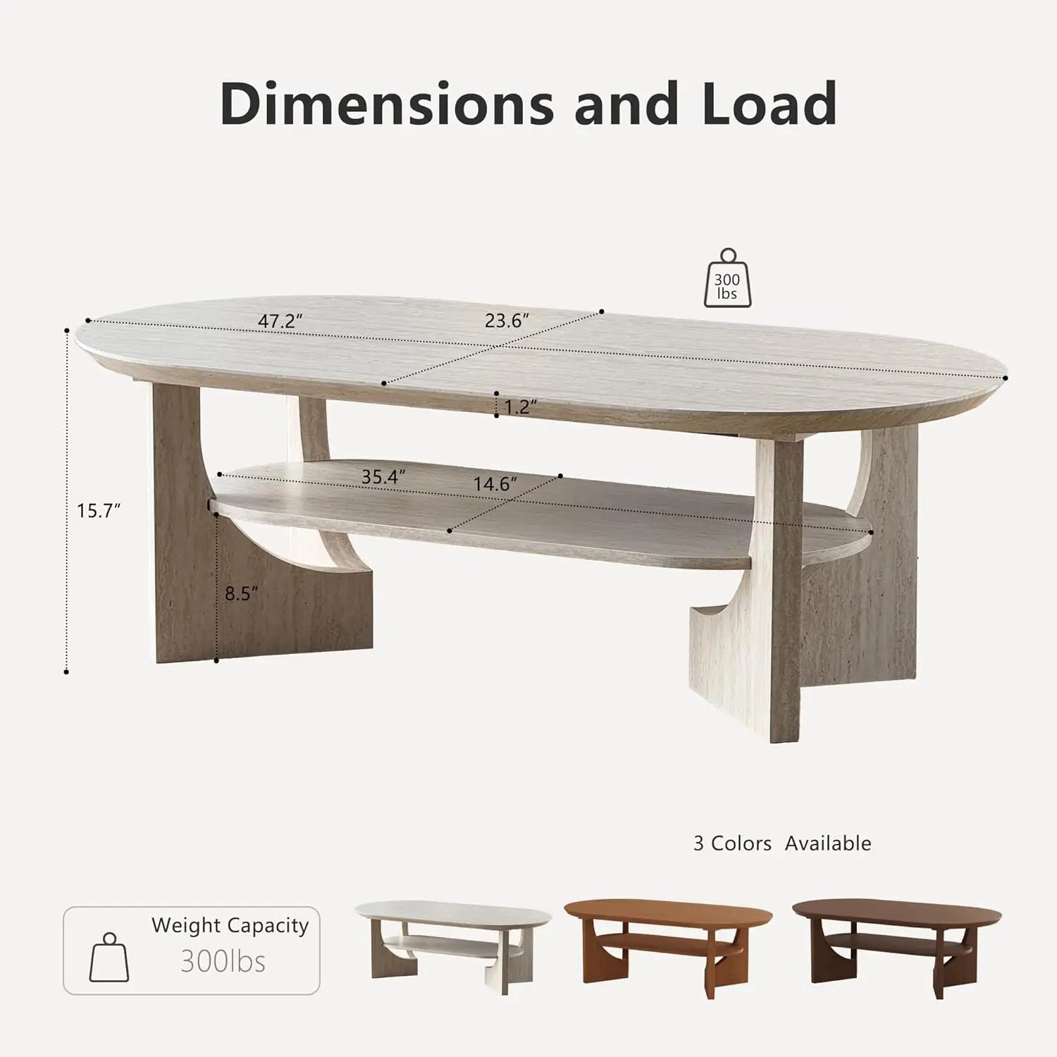 Oval 47IN Coffee Table, 2-Tier Faux Stone, Storage Shelf