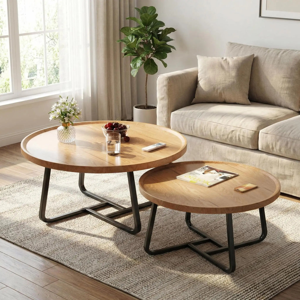 Nesting Coffee Table Set 2 Fluted Round Wood Tables Sturdy