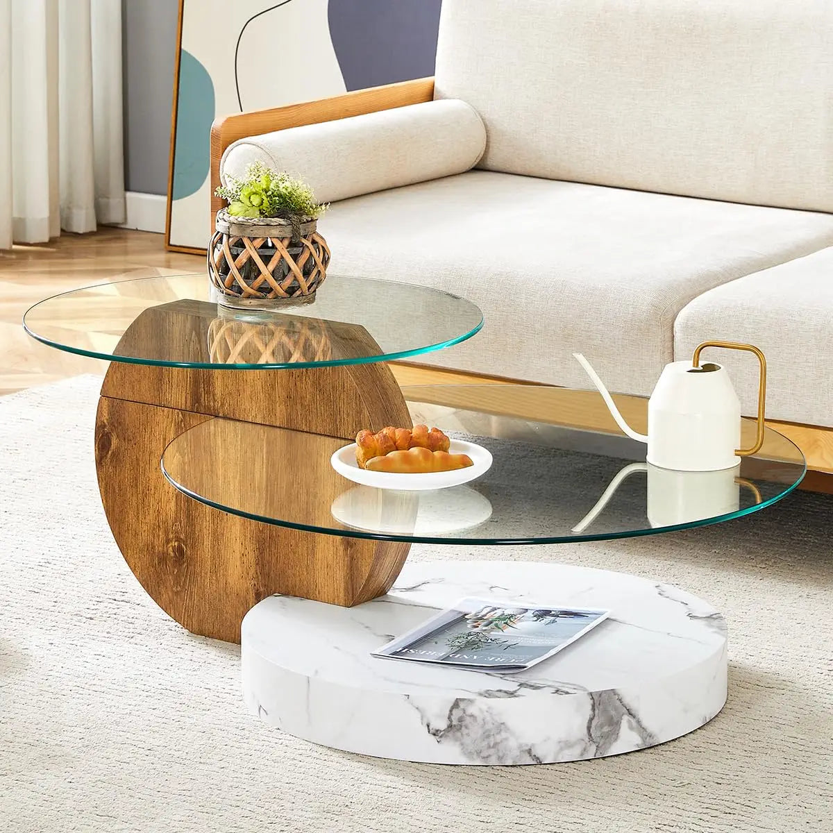 3IN Large Glass Round Coffee Tabletops｜3-Tier Tempered Glass｜