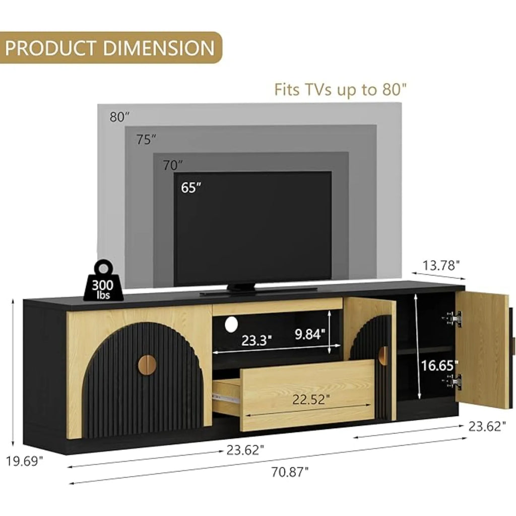 70IN Fluted TV Stand, Curved Profile, 2-Drawers, Storage Cabinets