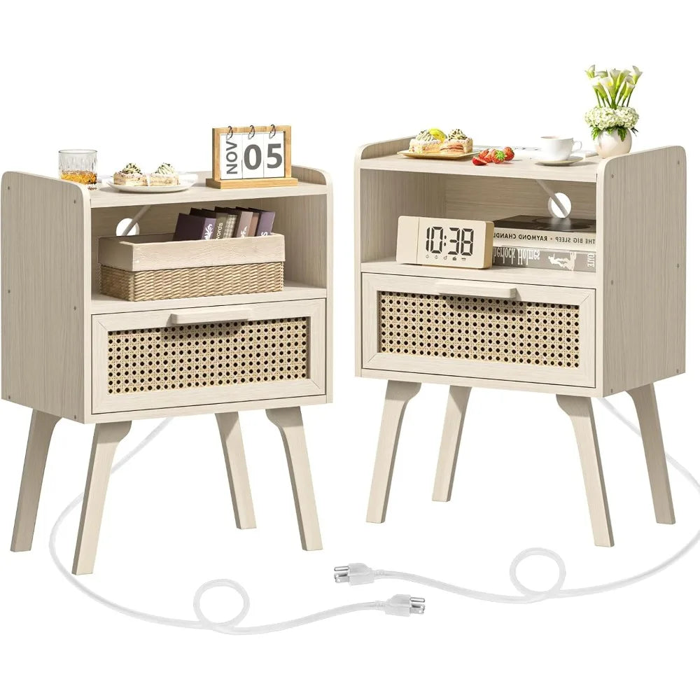 Rattan Nightstands Set of 2, Charging Station, Drawer, Solid Wood Legs