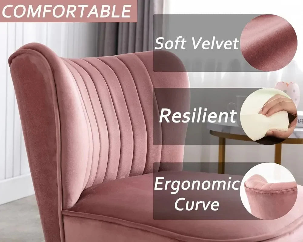 Velvet Accent Chairs Set of 2, Pink Armless Slipper Chairs, Golden Legs