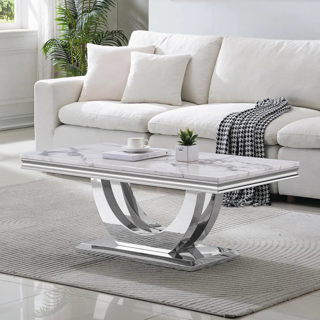 Luxury White Faux Marble End Table, Side Table U-Shape Gold Mirrored