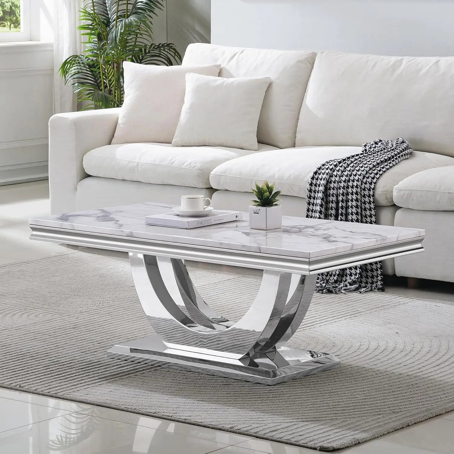 Luxury White Faux Marble End Table, Side Table U-Shape Gold Mirrored