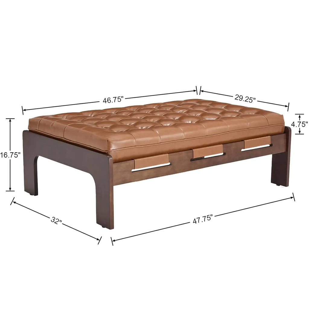 48IN Tufted Leather Ottoman Coffee Table, Rectangular Upholstered