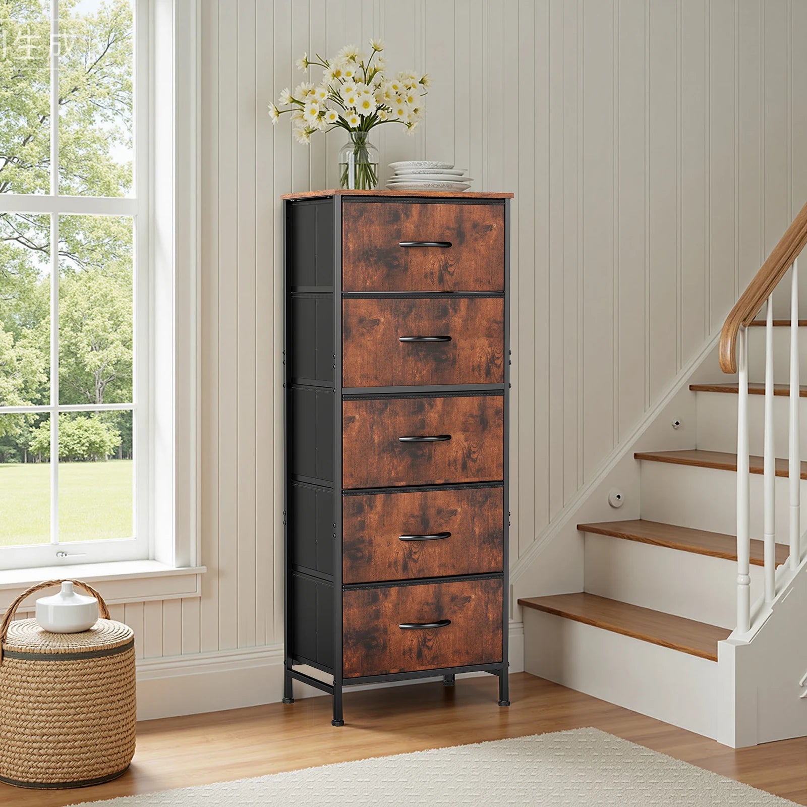 48IN Dresser 5 Fabric Drawers Steel Frame Clothes Storage Cabinet