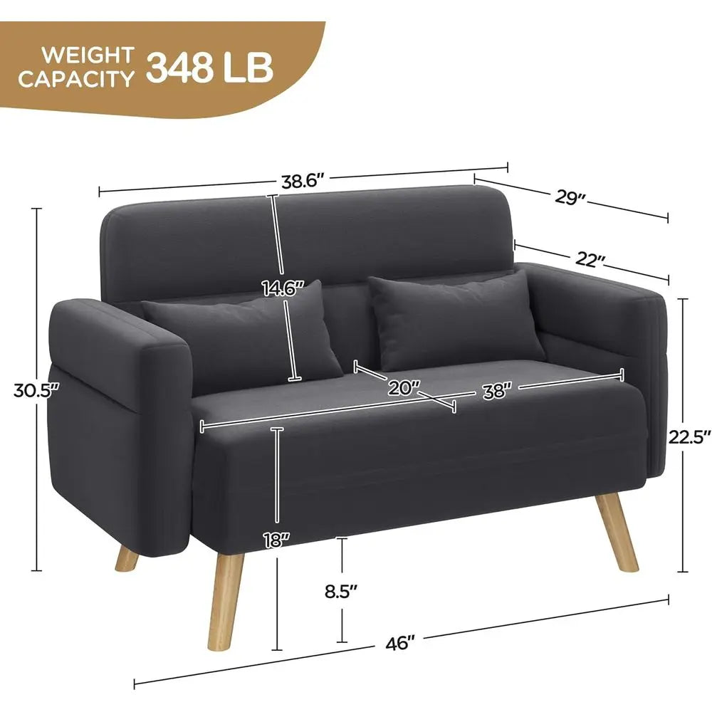 46IN  Fabric Sofa Loveseat with Lumbar Pillows, Solid Wood Legs