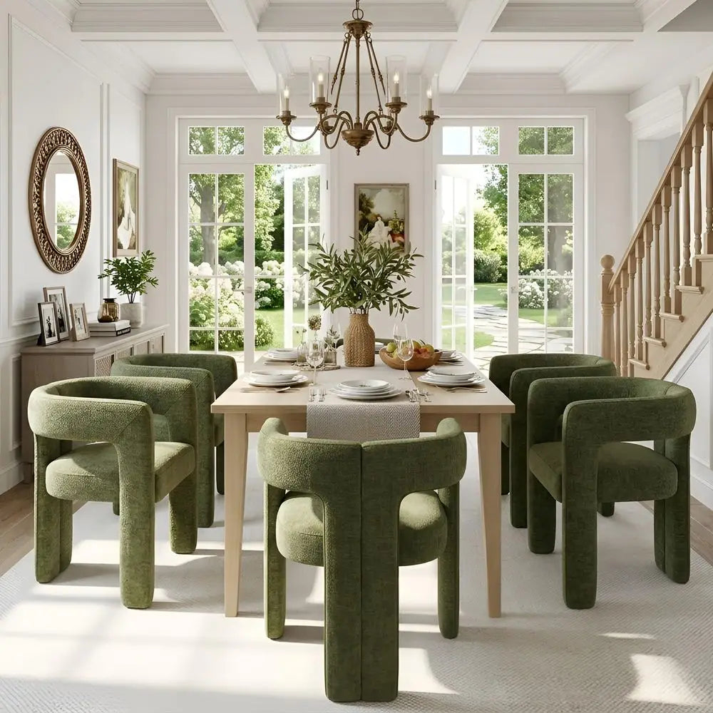 Modern Green Set of 6, Chenille,  Barrel Chairs w/Solid Wood Frame