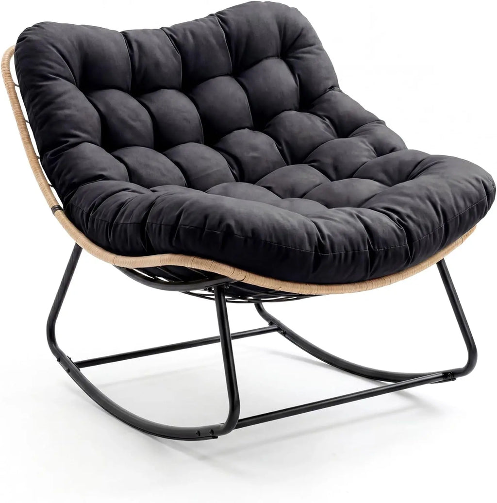 Oversized Papasan Rocking Chair, Thick Cushion, Curved Leg Wicker Rattan Rocker