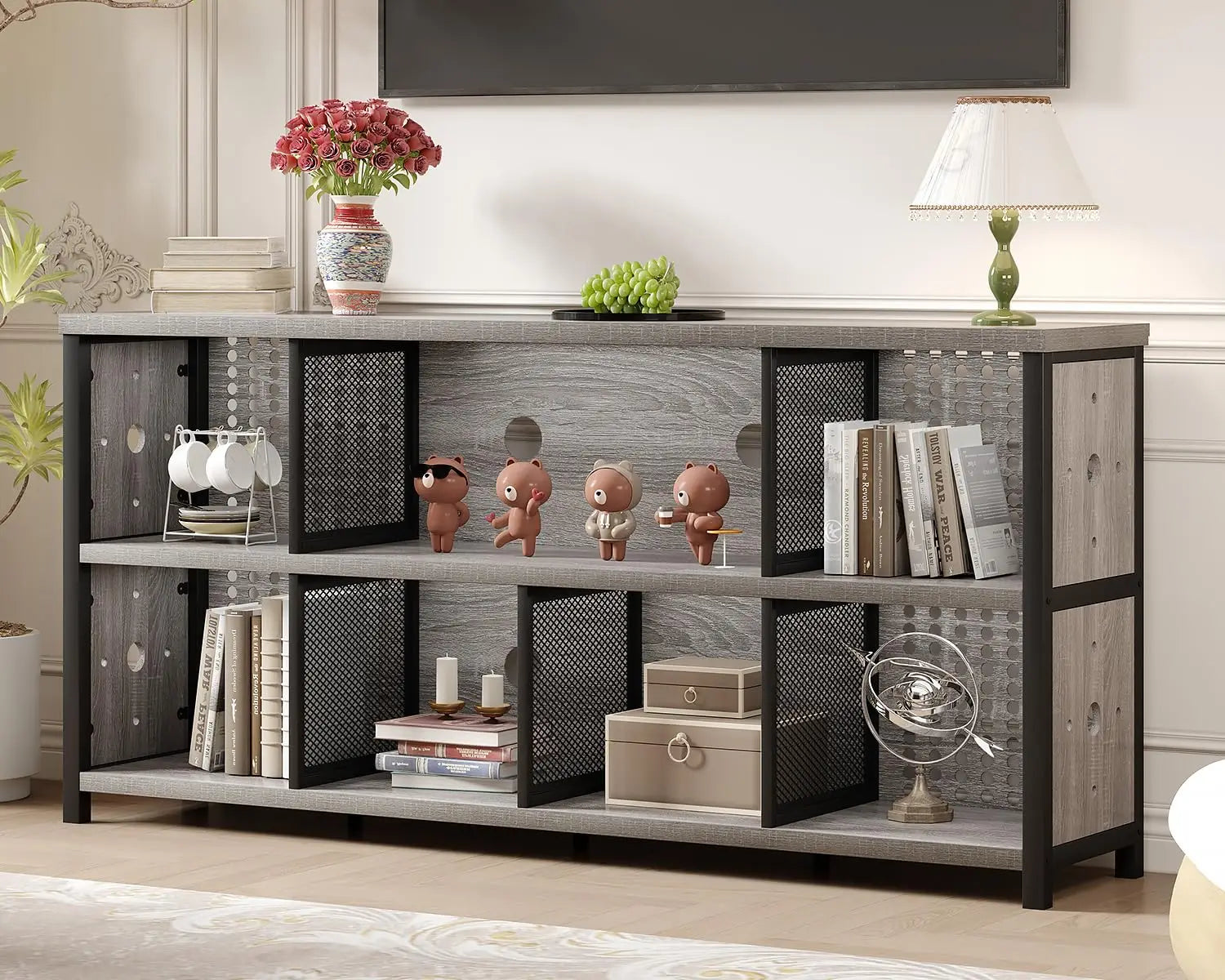 Rustic Horizontal Bookshelf, Industrial Large Wide Bookcase Cube Storage