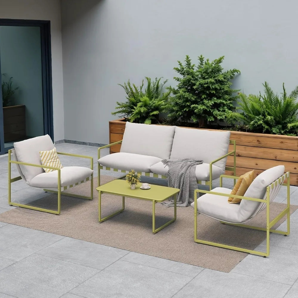 4-Piece Patio Furniture Set, Soft Cushions, Small Metal Sofa, Coffee Table