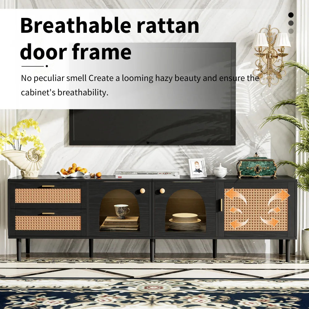 Rattan-inspired Media Console, 3 Cabinets, 2 Drawers for TVs up to 80'' LED Light